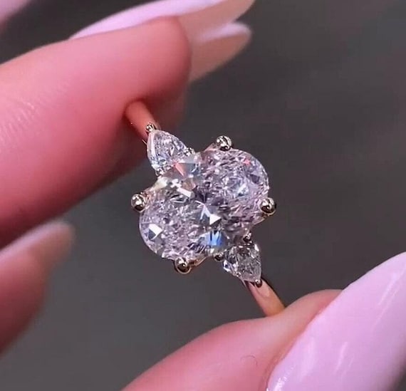 3.00 CT Oval Cut Floral Pear Three Stone Moissanite Engagement Ring 14K Solid Gold Solitaire Diamond Wedding Anniversary Gift Ring For Her