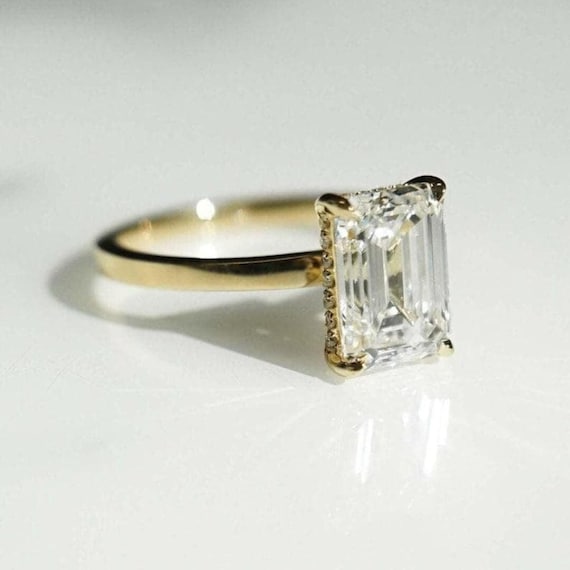 3.00 CT Emerald Cut Solitaire Engagement Ring 14K Gold Wedding Ring Emerald Cut Hidden Halo Wedding Ring Promise Anniversary Ring For Women