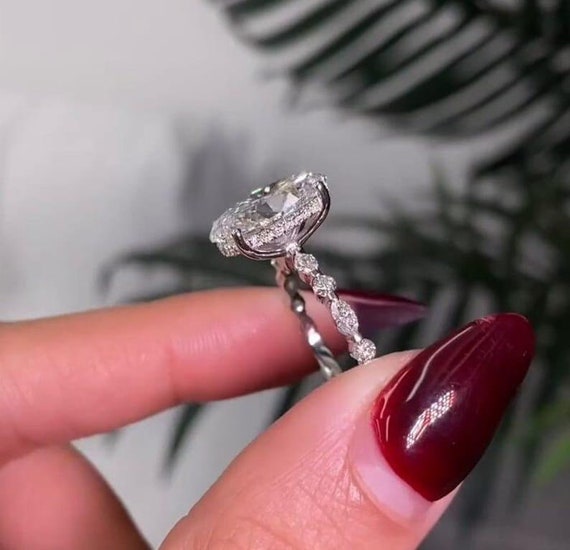 4 CT Oval Lab Grown Diamond Engagement Ring, 14k Gold Hidden Halo