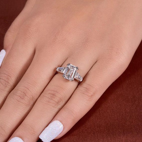 3.50 CT Emerald Cut Moissanite Diamond Engagement Ring 14K Solid Yellow Gold Three Stone Emerald Cut Wedding Ring Perfect Gift Ring For Her