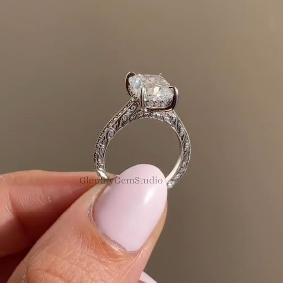 Vintage 3CT Elongated Cushion Cut Moissanite Engagement Ring, 14K Gold Hidden Halo