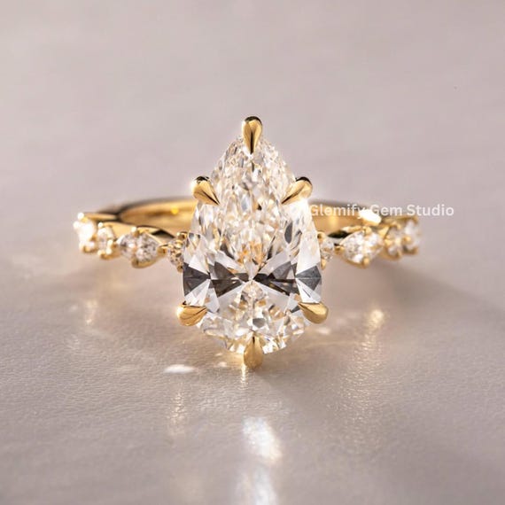 Unique 4 CT Pear Cut Moissanite Engagement Ring With Six Clow Prong 14K Solid Yellow Gold Half Eternity Pave Set Band Wedding Ring Gift Ring