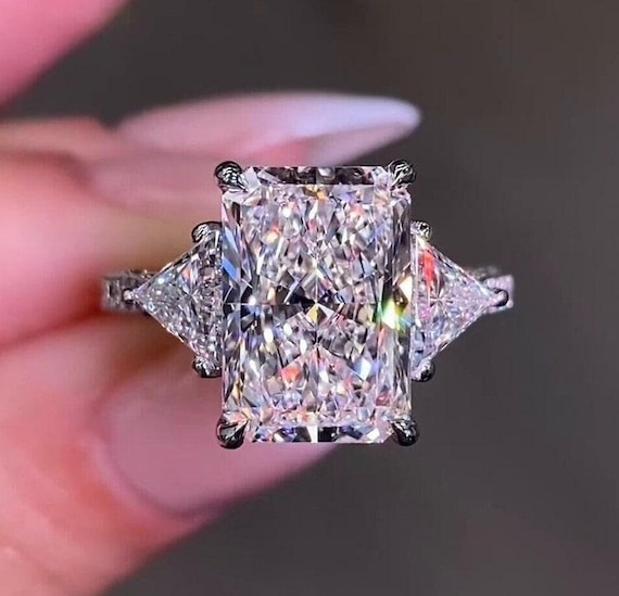 4.00 CT Radiant Cut Diamond Ring With Trillion Trilogy 3D Diamond Band 14K Sold Gold Wedding Anniversary Moissanite gift Ring for her