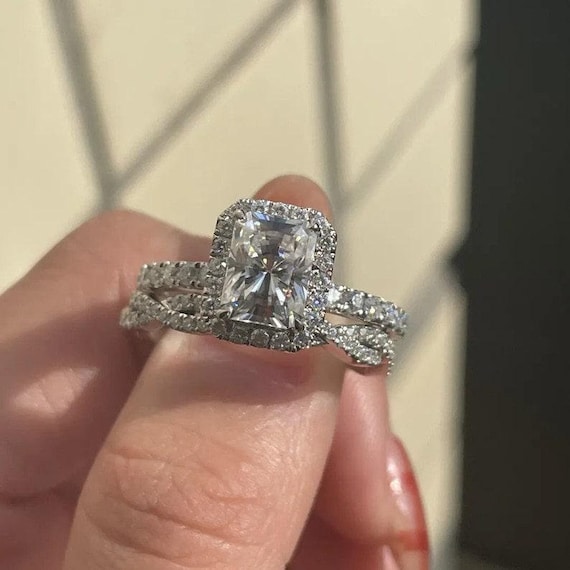 2.50 CT Radiant Cut Moissanite Engagement Ring Set Vintage 14K Solid Gold Wedding Ring Set Hidden Halo With Infinity Band Bridal Ring Set