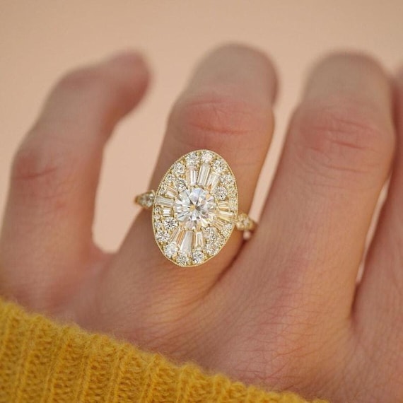 Art Deco Moissanite Engagement Ring: 14K Gold Ballerina Starburst Halo