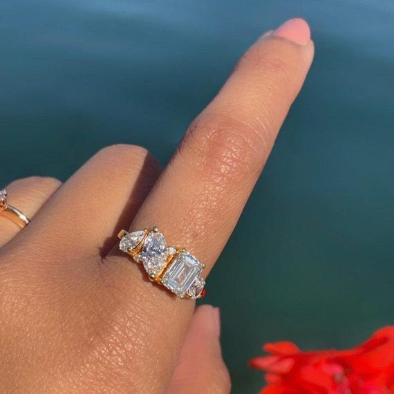 Unique Handmade Moissanite Diamond Engagement Ring 14K Solid Yellow Gold Solitaire Mix Shape Moissanite Diamond Wedding Perfect Gift Ring