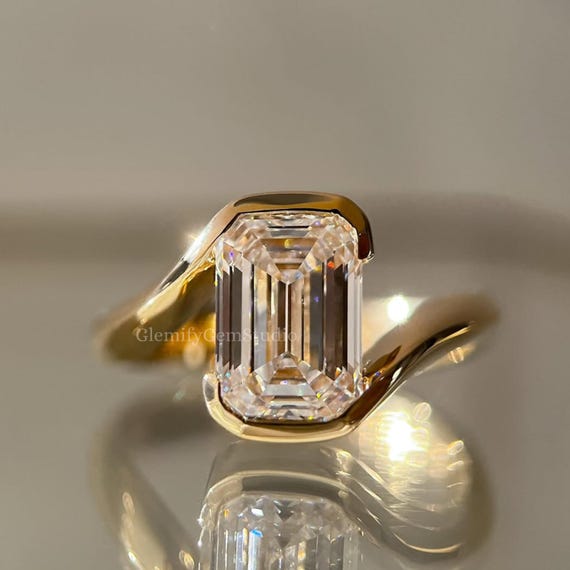 3 CT Emerald Cut Lab Grown Diamond Engagement Ring, 14K Gold Bezel Solitaire
