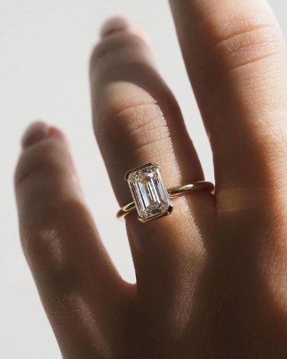2.00 CT Emerald Cut Moissanite Half Bezel Set Diamond Ring 14K Solid Gold Solitaire Moissanite Wedding Gift Ring For Her Anniversary Ring