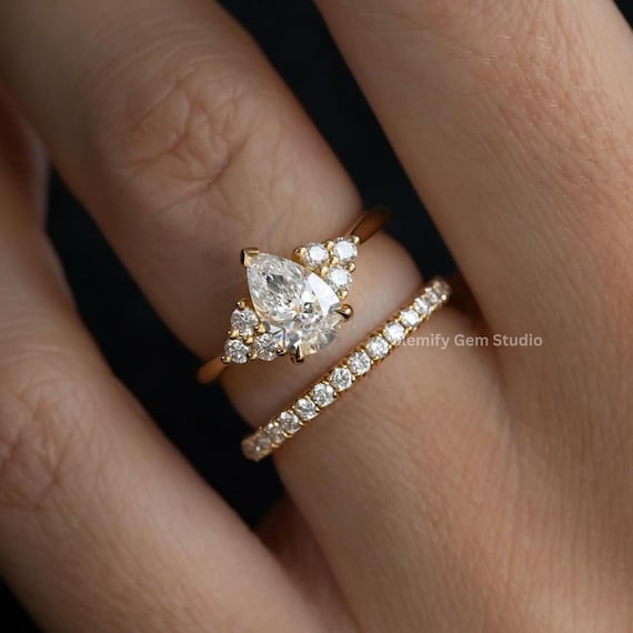 2 CT Pear Cut Moissanite Engagement Ring Set With Round Cut Matching Band Ring Set 14K Solid Yellow Gold Solitaire Wedding Ring Set For Her