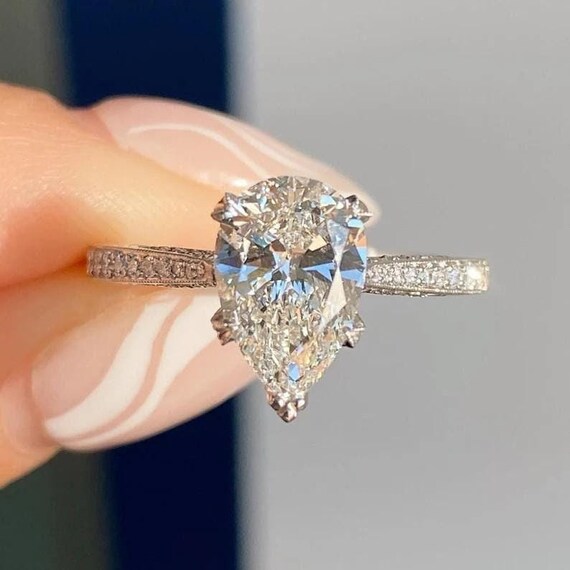 Vintage 3.00 CT Pear Cut Moissanite Hidden Halo Engagement Ring 14K Solid White Gold Pave Setting Wedding Ring Bridal Gift Ring For Her