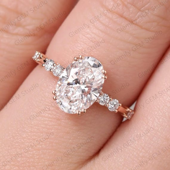 Unique 3.00 CT Oval Cut Double Prong Moissanite Engagement Ring 14K Solid Gold Solitaire Round Cut Distance Pave Band Wedding Ring Gift Ring