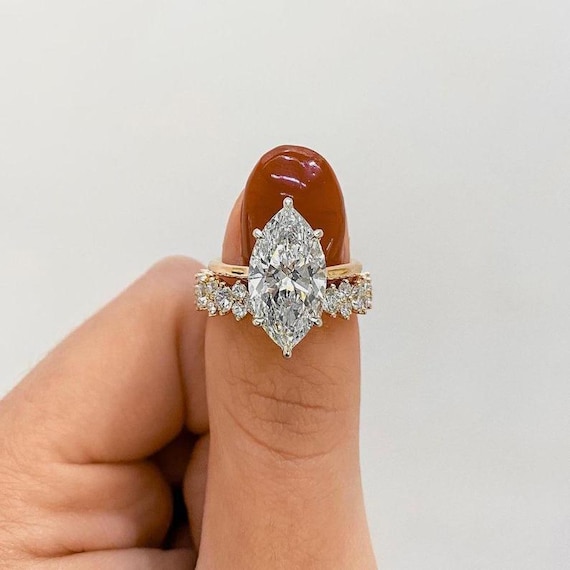 4CT Marquise Cut Engagement Ring Set 14K Vintage Moissanite Solitaire Ring Set With Round Full Eternity Band Wedding Bridal Set Gift For Mom