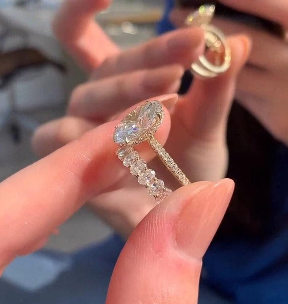 3 CT Oval Cut Moissanite Engagement Ring 14K Solid Gold Bridal Ring Set With Oval Half Wedding Set Promise Ring Set Gift For Women Ring Set