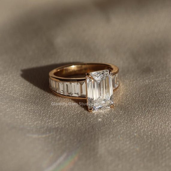 3 CT Emerald Cut Moissanite Diamond Engagement Ring With Unique Emerald Cut Chanel Set  Pave Ring 14K Solid Gold Wedding Ring Gift For Her