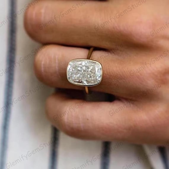 Bezel Set 5 CT Elongated Cushion Cut Moissanite Engagement Ring, 14K Yellow Gold Solitaire Wedding Anniversary Gift Ring For Her