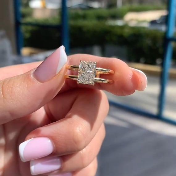 2.50 CT Radiant Cut Double Band Moissanite Engagement Ring 14K Solid Yellow Gold Solitaire Wedding Ring Perfect Promise Gift Ring For Her