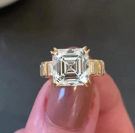 2.00 CT Asscher Cut Double Prong Moissanite Engagement Ring 14K Gold Dainty Art Deco Proposal Ring Thick Band Anniversary Ring Gift For Her