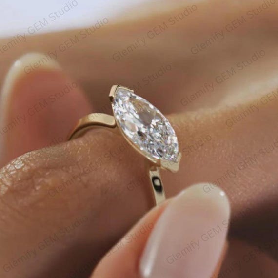 Unique 3 CT East West Marquise Cut V Prong Moissanite Engagement Ring 18K Gold Knife Edge Band Solitaire Perfect Wedding Gift Ring for Her
