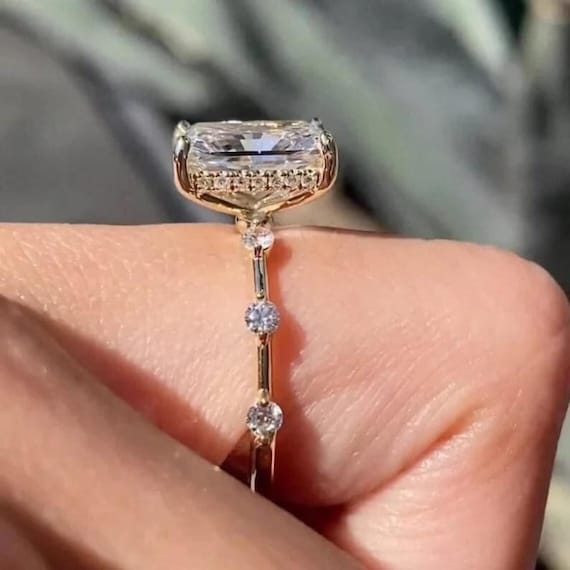 2.50 CT Radiant Cut Hidden Halo Moissanite Diamond Engagement Ring 14K Solid Gold Distance Pave Set Band Perfect Wedding Gift Ring For Her