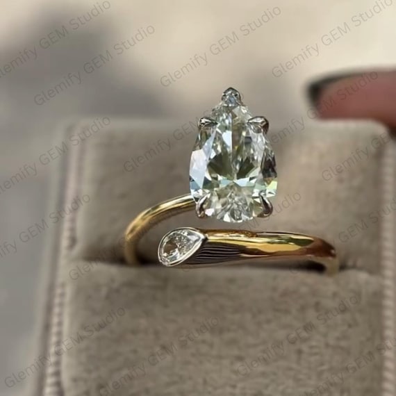 Unique 3 CT Pear Cut Moissanite With Bezel Set Two Stone Vintage 14K Gold Solitaire Engagement Ring Promise Wedding Ring Gift For Women