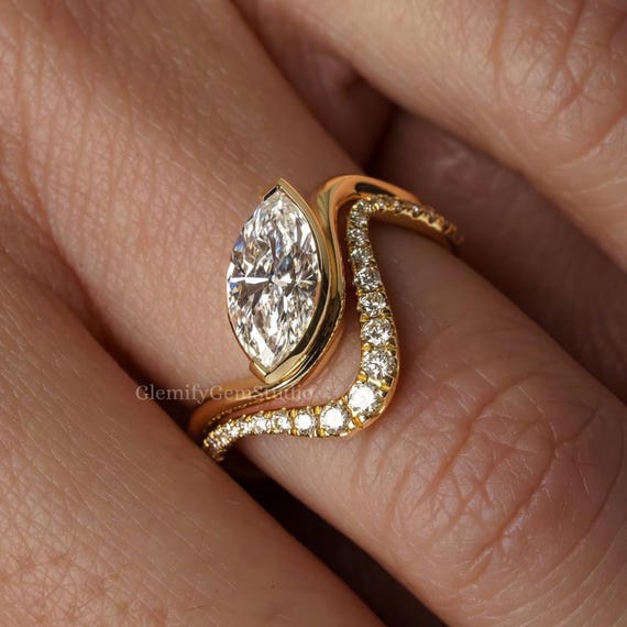 3 CT Marquise Cut Moissanite Engagement Ring Set With Unique 14K Solid Gold Solitaire Wedding Curve Band Ring Set Gift Ring Set For Women