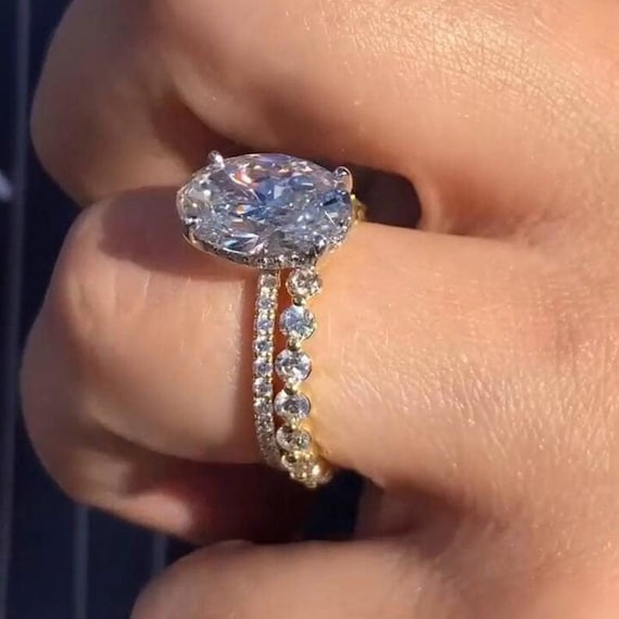 3.50CT Oval Cut Hidden Halo Moissanite Diamond Engagement Ring Set 14K Solid Gold Pave Setting Wedding Bridal Ring Set Anniversary Gift Ring
