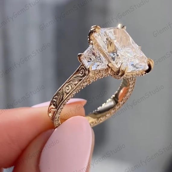Vintage 3 CT Radiant & Trapezoid Cut Trilogy Lab Grown Diamond Double Prong Engagement Ring 14K Solid Gold Hand Engraved Band Wedding Ring