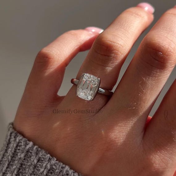 Unique 3 CT Elongated Old Mine Cushion Cut Moissanite Engagement Ring 14K Solid Gold Half Bezel Set Solitaire Wedding Anniversary Gift Ring