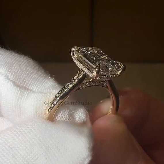 Vintage 4 CT Emerald Cut Moissanite Engagement Ring With Hidden Halo And Bridge Pave Set 14K Solid Gold Dainty Engraving Band Wedding Ring