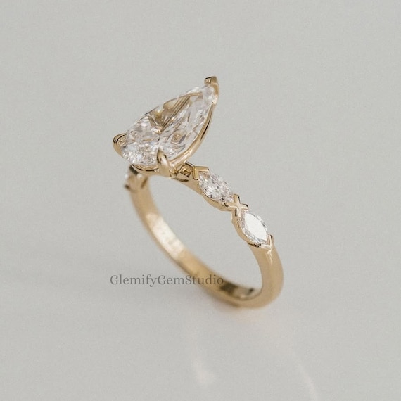 Unique V Prong 2.5 CT Pear Cut Moissanite Diamond Engagement Ring 14K Solid Gold Solitaire Marquise Cut Pave Set Band Wedding Ring Gift Ring