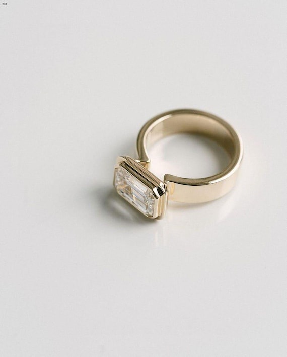 Bezel Set East West 3 CT Emerald Cut Moissanite Diamond Engagement Ring 14K Solid Yellow Gold Bezel Set Wedding Ring Anniversary Gift Ring