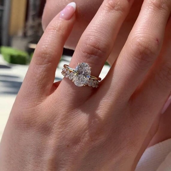 3 CT Oval Cut Moissanite Diamond Bridal Ring Set With Hidden Halo 14K Solid Gold Oval Cut Bubble Band Wedding Ring Set Anniversary Ring Set