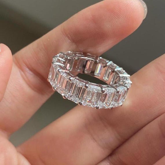 Emerald Cut Full Eternity Moissanite Diamond Wedding Band 14K Solid White Gold Engagement Stacking Band Proposal Band For Her Anniversary