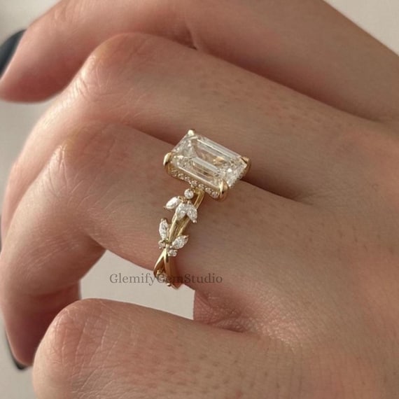 3 CT Emerald Cut Moissanite Diamond Nature Inspired Engagement Ring 14K Yellow Solid Gold Twig and Leaf Wedding Proposal Ring Branch Ring