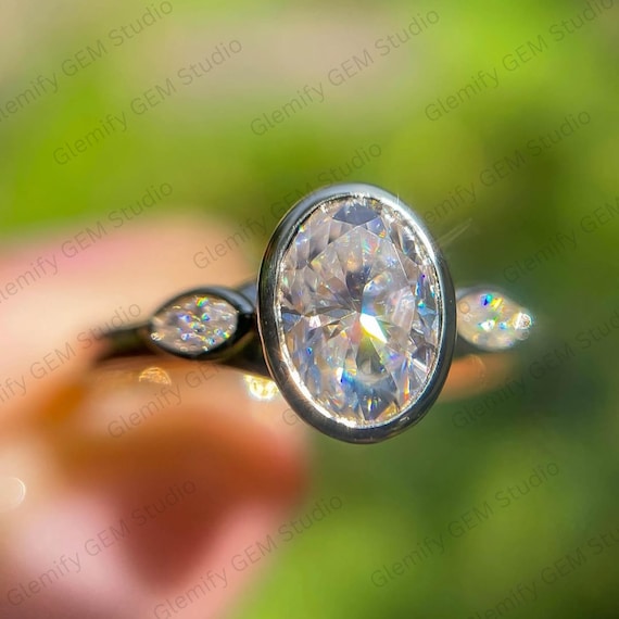 Unique 2CT Bezel Set Oval Cut Three Stone Moissanite Engagement Ring 14K Solid Gold Bezel Set With Marquise Cut Side Stone Wedding Gift Ring