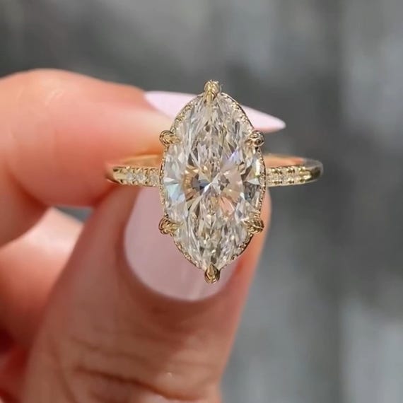 Unique 4 CT Marquise Cut Moissanite Hidden Halo Engagement Ring With Designer Leaf Prong 14K Solid Gold Pave Set Wedding Anniversary Ring