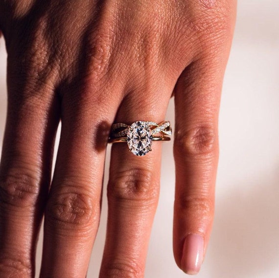 3.00 CT Oval Cut Moissanite Diamond Engagement Bridal Ring Set 14K Solid Gold Wedding  Gift Ring Set With Unique Twisted DNA Matching Band