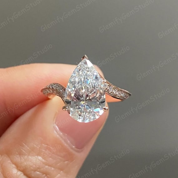3 CT Pear Cut Moissanite Diamond Engagement Ring With Unique 14K Solid Gold Bypass Pave Set Band Wedding Ring Anniversary Gift Ring For Her