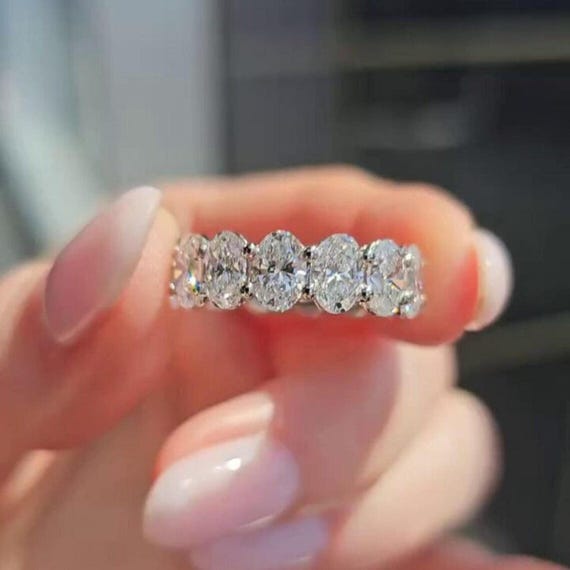 Oval Cut Moissanite Diamond Band 14K White Gold Wedding Anniversary Stacking Band Full Eternity Classic Wedding Matching Band Gift For Her