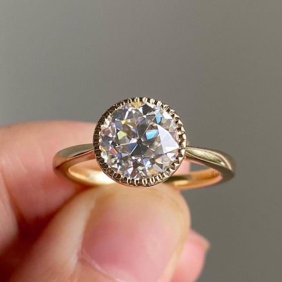 Bezel Set 2.00 CT Round Cut Moissanite Engagement Ring 14K Solid Yellow Gold Solitaire Wedding Ring Anniversary Promise Gift Ring For Her