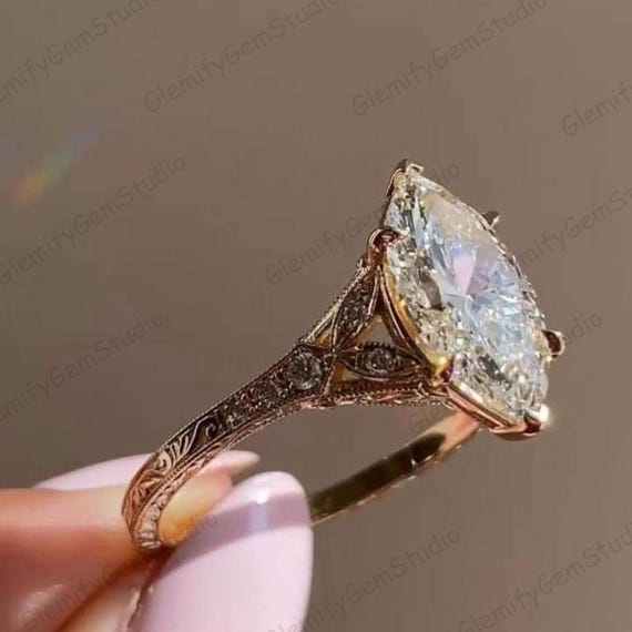 3 CT Vintage Marquise Moissanite Engagement Ring 14K Gold Victorian Wedding Ring, Art Deco Ring, Marquise Cluster Ring, Promise Ring For Her