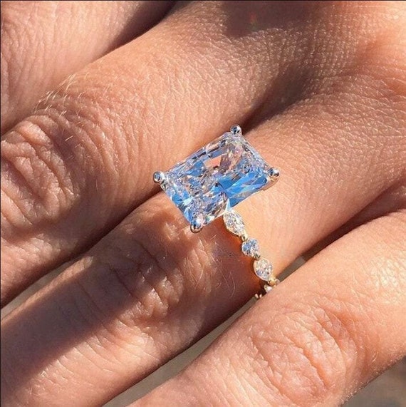 Unique 4 CT Radiant Cut Moissanite Engagement Ring 14K Solid Gold Distance Pave Solitaire Wedding Ring Anniversary Gift For Her Promise Ring
