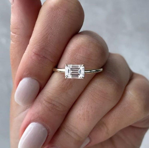 1.50 CT East West Emerald Cut Colorless Moissanite Engagement Ring 14K White Gold Ring Solitaire East West Diamond Wedding Ring Gift Ring