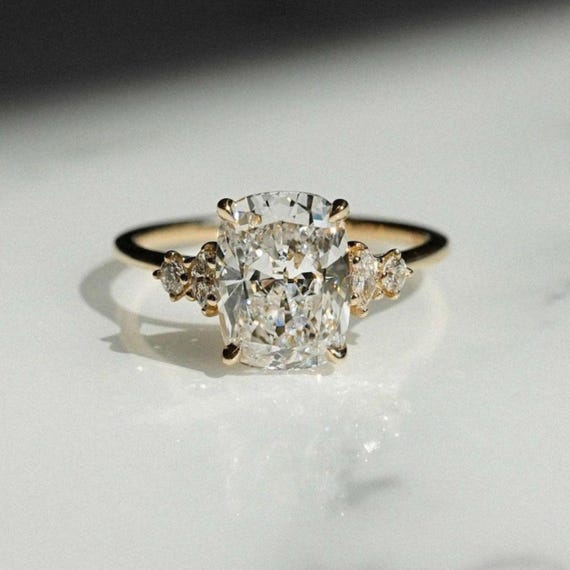 3.00 CT Cushion Cut Moissanite Engagement Ring 14K Solid Gold Elongated Cushion With Side Marquise And Round Cut Solitaire Wedding Gift Ring