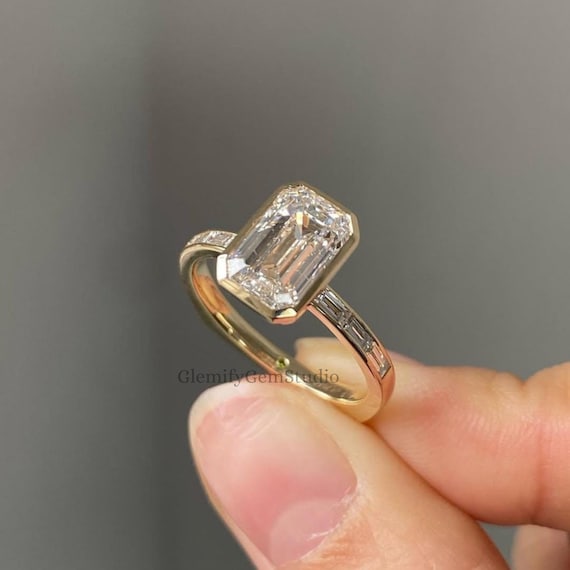 Bezel Set 2.50 CT Emerald Cut Moissanite Engagement Ring 14K Solid Gold Wedding Ring Anniversary Ring Channel Set Gift Ring For Women