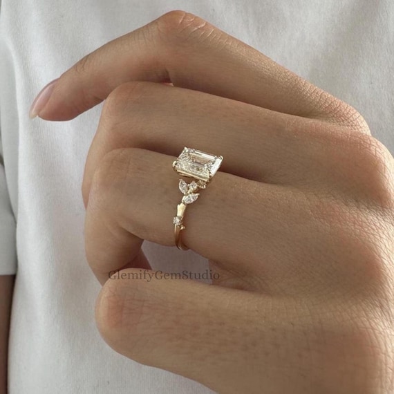 Unique 3 CT Emerald Cut Moissanite Diamond Engagement Ring 14K Solid Gold Twig and Leaf Wedding Ring Branch Pave Set Anniversary Gift Ring