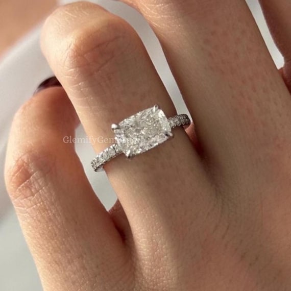 Cushion Cut Moissanite Engagement Ring, 14K Gold Hidden Halo Anniversary Ring