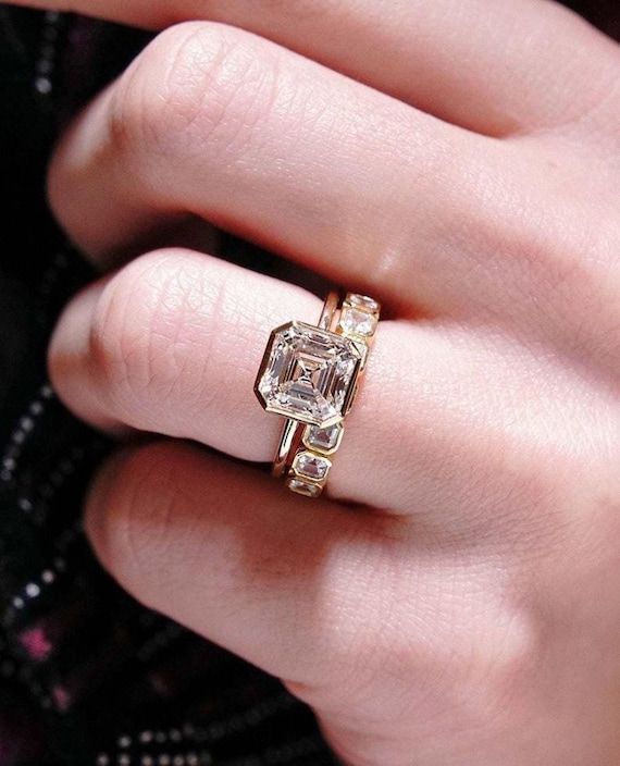 Classic 3.00 CT Asscher Cut Moissanite Ring Square Cut Ring With Matching Ring Band Surprise Bezel Solitaire Ring Perfect Gift For Her