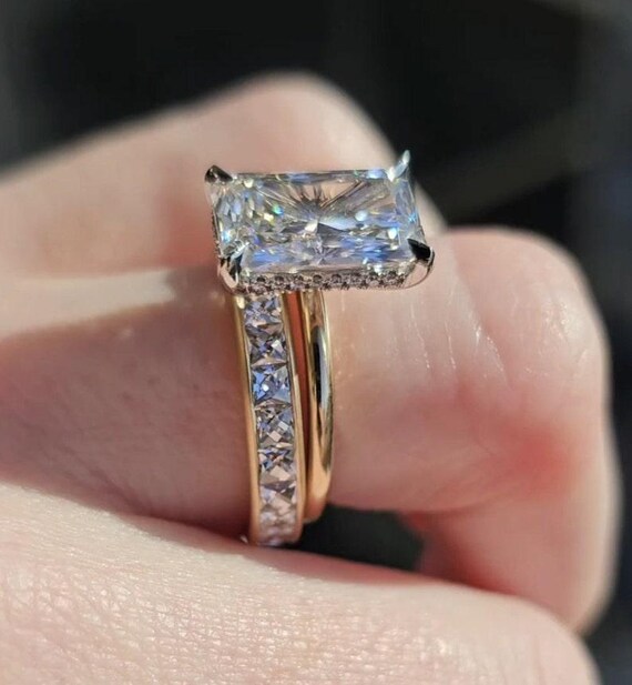 3.00 CT Radiant Moissanite Diamond Bridal Ring Set Solid Gold Art Nouveau Engagement Ring Anniversary Celebration Set Wedding Gift Ring Set