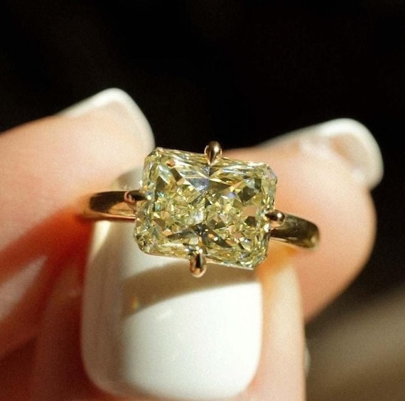 3 CT Yellow East West Radiant Cut Moissanite Diamond Engagement Ring 14K Solid Yellow Gold Solitaire Wedding Anniversary Gift Ring For Her